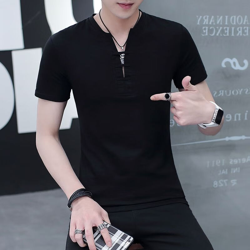 舒晋男士长袖t恤v领新款韩版修身中国风上衣服青年打底衫潮男穿搭