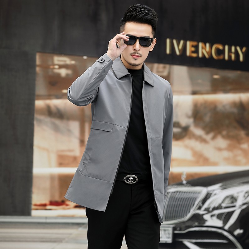 lcd春秋中年夹克外套男商务休闲大叔翻领爸爸褂子中长款茄克男 灰色