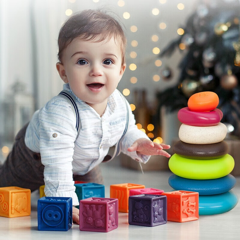 比乐B.Toys安抚玩具软胶积木宝宝婴幼数字叠叠乐捏捏乐水漂石堆环组合新年礼物