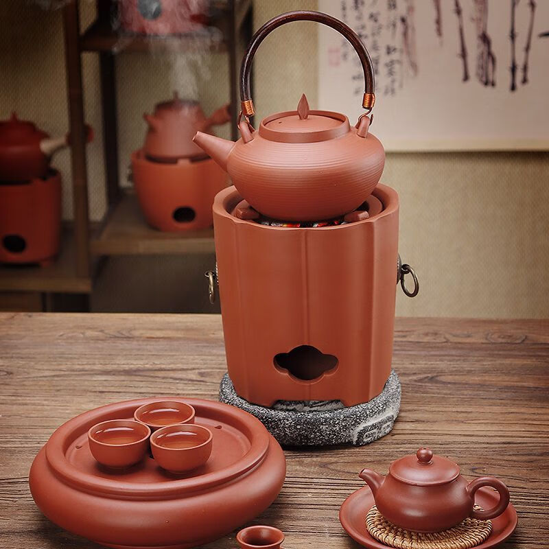 棉小城户外煮茶炉潮州紫砂红泥炭炉木碳炉炭火烧水壶手工砂铫壶功夫茶壶 状元炭炉+圆宫灯砂铫壶+4件套