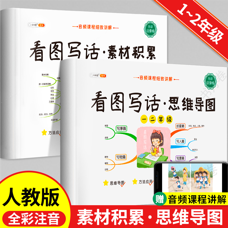 看图写话思维导图素材积累一年级二年级人教版专项训练书小学生上册说话每日一练老师练习范本范文集推荐 【2本套】素材积累+思维导图