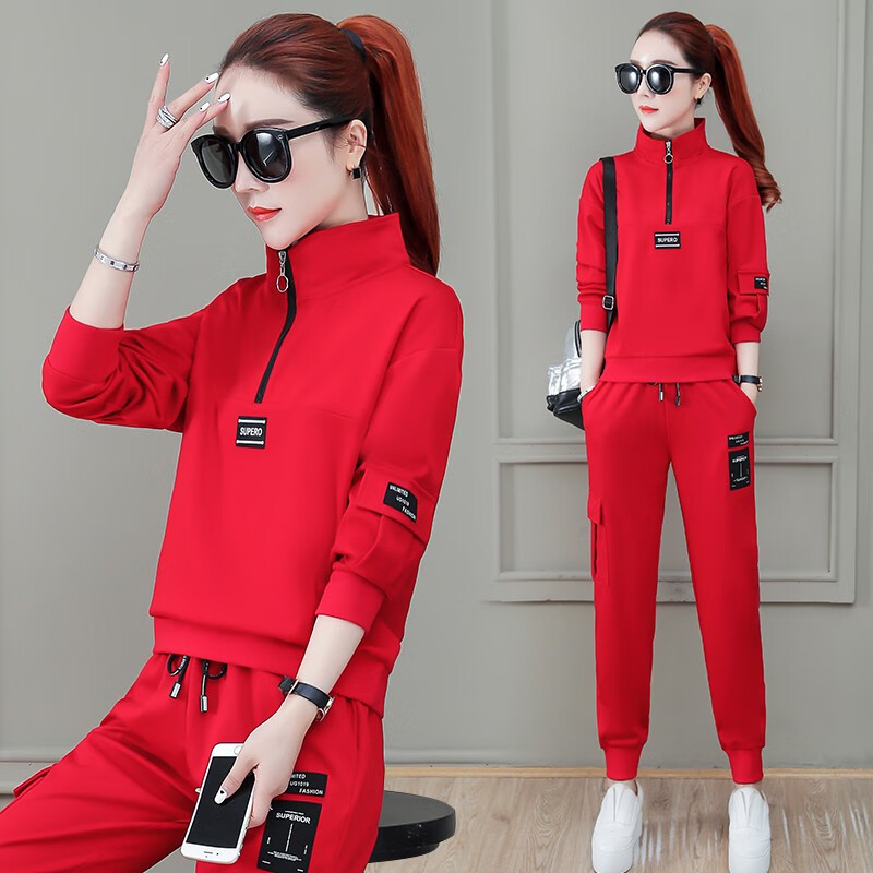 舒梦莱  品牌女士2022春秋季新款女式运动服套装女大码休闲长袖松紧口