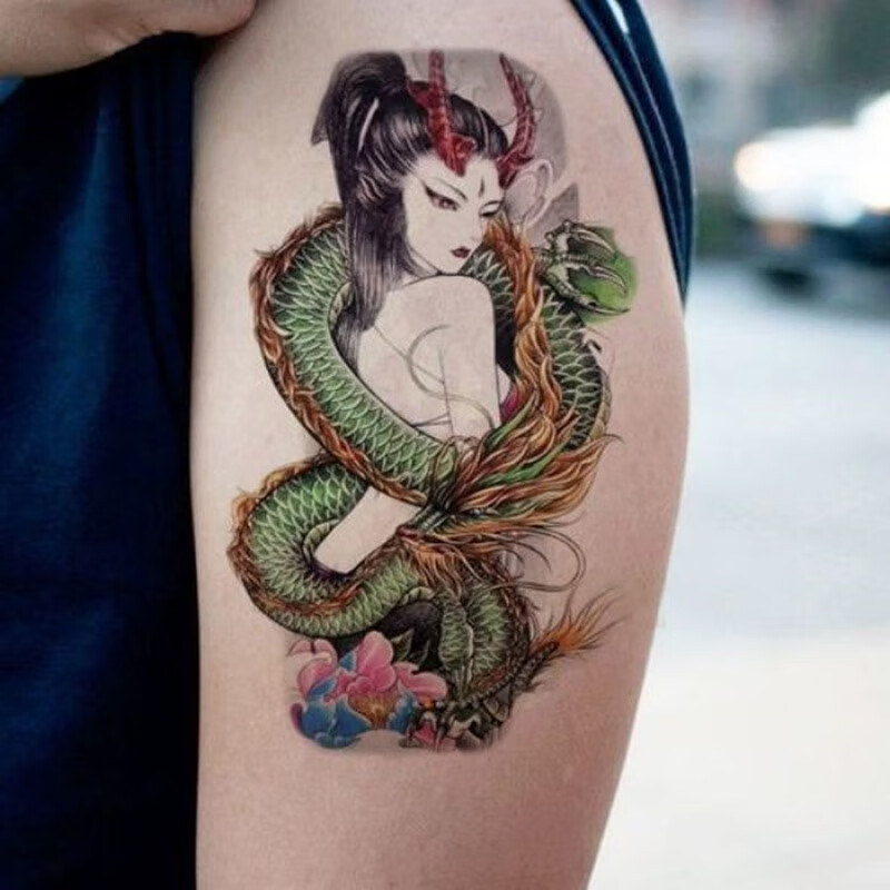 妙微熊刹车印龙女纹身贴花臂小腿青龙虞姬艺彩色性感美女仿真防水 一