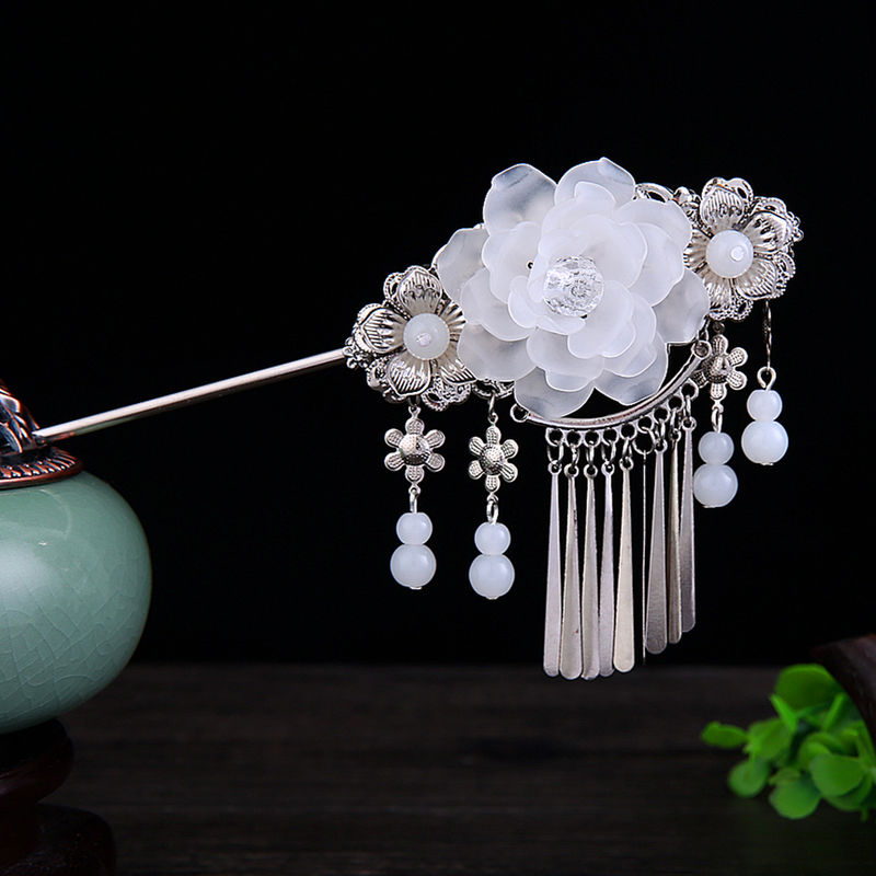 古典发簪子头饰品步摇流苏汉服古装发夹发饰寓意礼物 白色【 耳环】