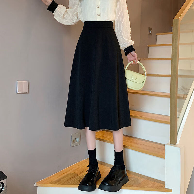 多闵春秋显瘦高腰a字直筒裙赫本风伞裙高腰a字女秋冬季黑色半身裙中长