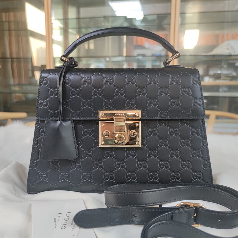 【二手95新】gucci古驰 padlock 全皮压花 链条包 单肩斜挎包  黑色