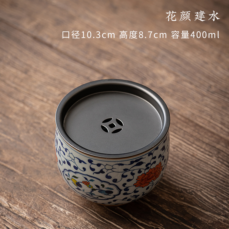 知南青花茶洗建水小号高端陶瓷茶具配件家用复古带盖杯洗笔洗缸茶渣桶