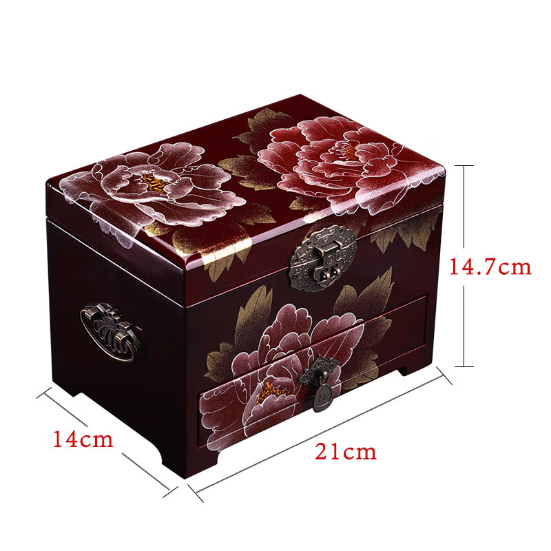 【官方直銷】漆器古風(fēng)木質(zhì)首飾盒妝奩復(fù)古三金盒飾品盒推光平遙中 V21柜-黑加紅-傾城
