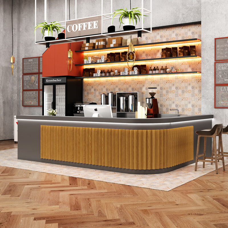 缦宛木奶茶甜品店吧台饭店收银台公司前台接待台弧形转角商用 灰 浅咖