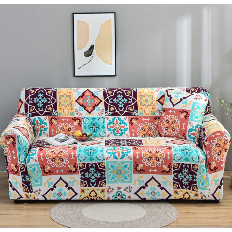 京噶四季弹力沙发套罩包套笠垫巾一体老式复古盖布 雅图 单人适合长90