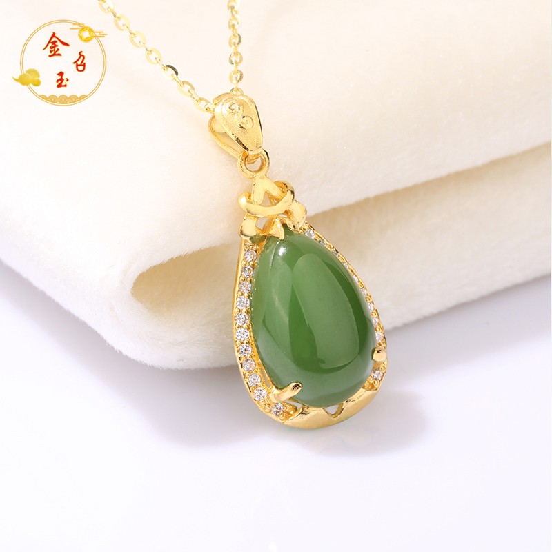 金召玉黄金吊坠女足金999金镶玉挂坠和田玉碧玉水滴形挂件自戴送礼