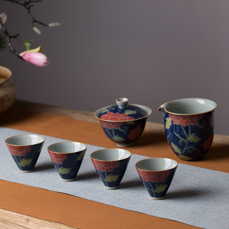 仙袋 盖碗茶碗礼物茶盏公道杯送人花境套组釉下五彩盖碗开片纹大气