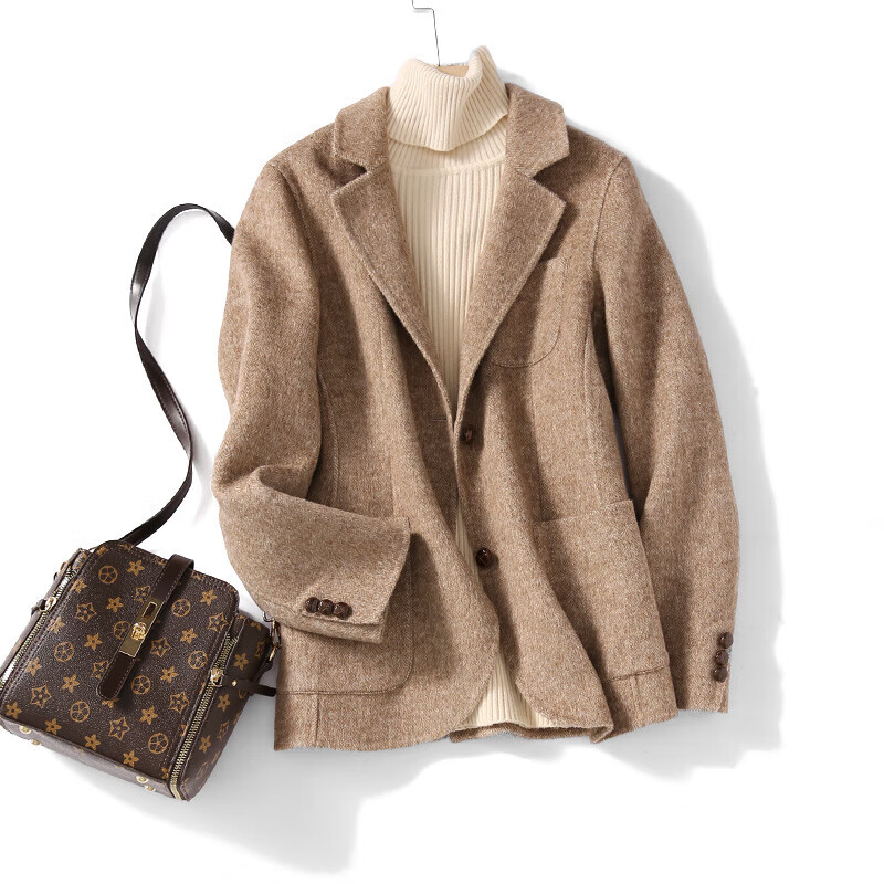 书与茶2023新款高端手缝复古修身格纹西装双面呢大衣女气质短款羊绒