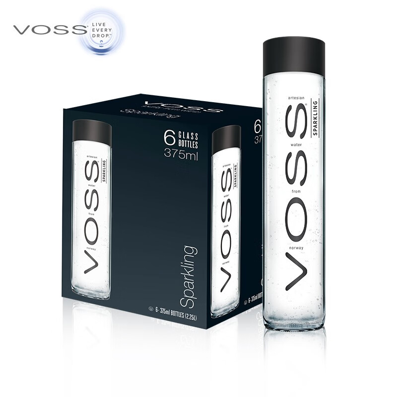 挪威原装进口 芙丝(VOSS) 苏打水饮料（含气型） 375ml*6瓶（玻璃瓶）