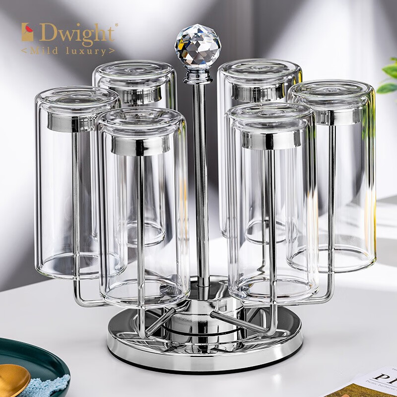 德韦特（DWIGHT）高档耐热水晶玻璃杯套装家用双层隔热龙井泡绿茶杯加厚直身筒杯子 300ml加厚双层杯*6+杯架