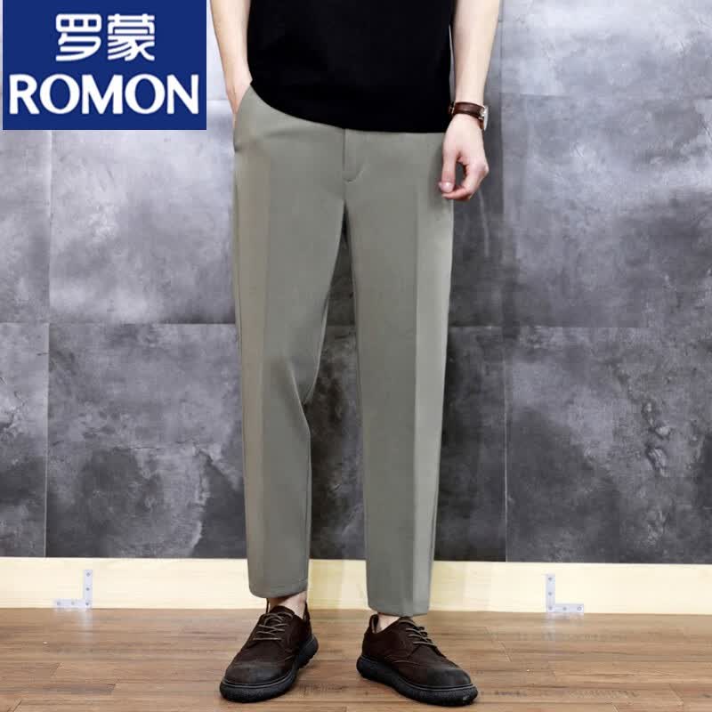 罗蒙(romon)2024夏季纯色锥形九分休闲西裤男士英伦免烫修身小脚9分