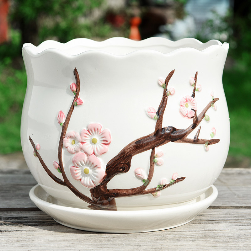 花盆陶瓷大号特大带托盘个性绿萝创意简约绿萝小多肉花盆 s1一支粉梅