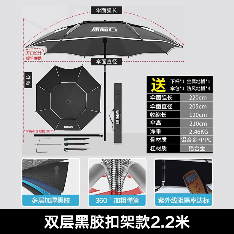 探险者（TAN XIAN ZHE） 探险者钓鱼伞防晒遮阳棚大钓伞 加厚垂钓遮阳防雨万向伞鱼伞地插 黑胶加厚2.2米-黑色