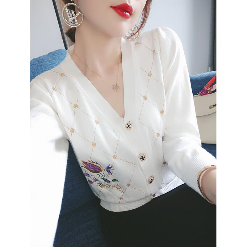 早秋新款针织衫女白色短款外搭长袖v领上衣女薄款毛衣外套开衫女 白色