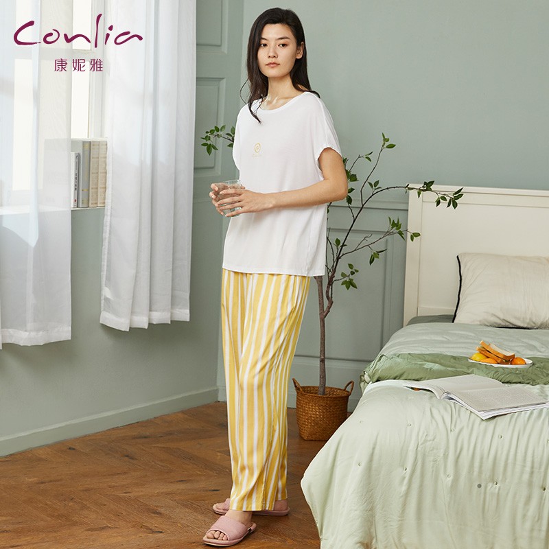 康妮雅(conlia)睡衣女春夏莫代尔棉质短袖长裤女士家居服条纹宽松可外