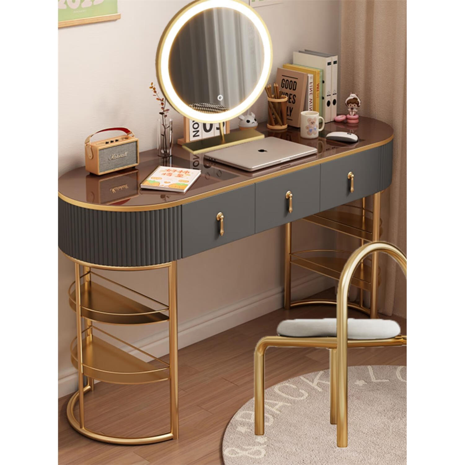 网红ins北欧简约小户型梳妆桌收纳柜一体玻璃化妆桌子 60免漆板台面