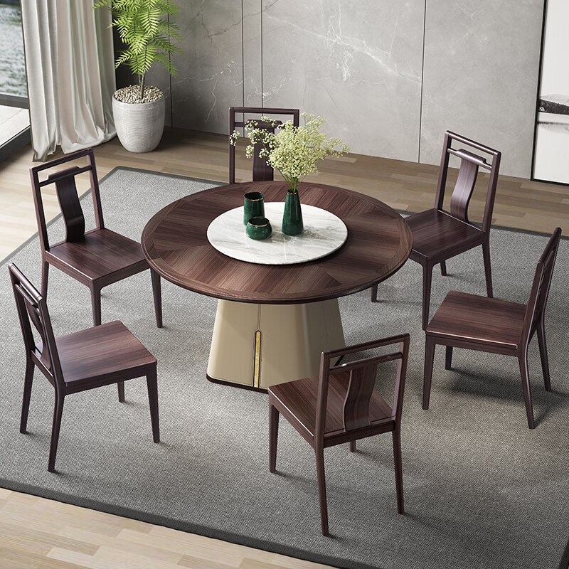 景腾 餐桌 新中式实木餐桌椅组合1.3米金丝檀木圆形餐台1.5米吃饭桌子餐厅家具 一桌六椅 1.5米餐桌
