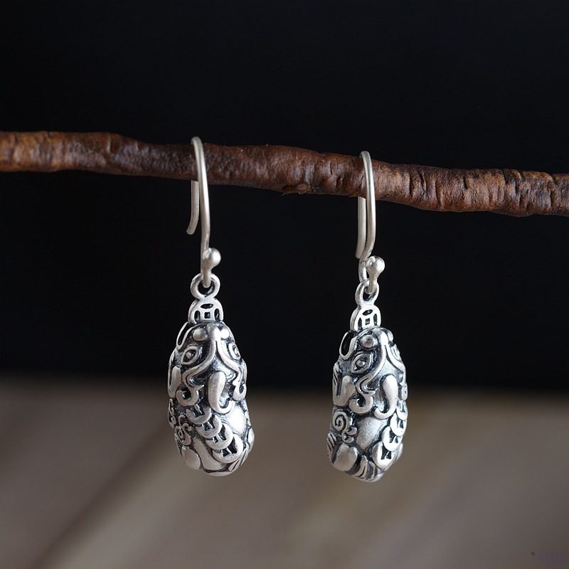 曲美思真银耳环貔貅耳饰耳坠s925银复古泰银女民族风神兽银饰 925银