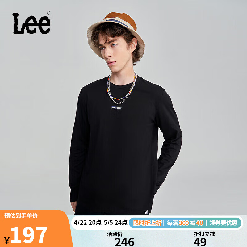 Lee23秋冬标准版圆领多色男长袖T恤打底衫 黑色 M 