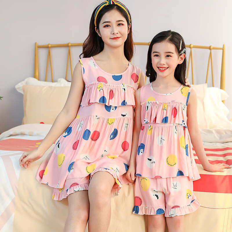 雅薇莎女童睡裙睡裤套装夏季中小学女孩棉绸睡衣中大童亲子装家居服