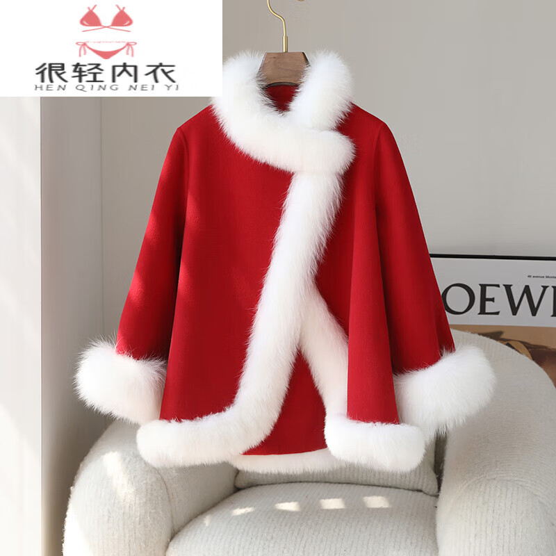 威普驰兔年本命年红衣服女外套少女毛绒斗篷毛呢外套女冬季加厚大衣的