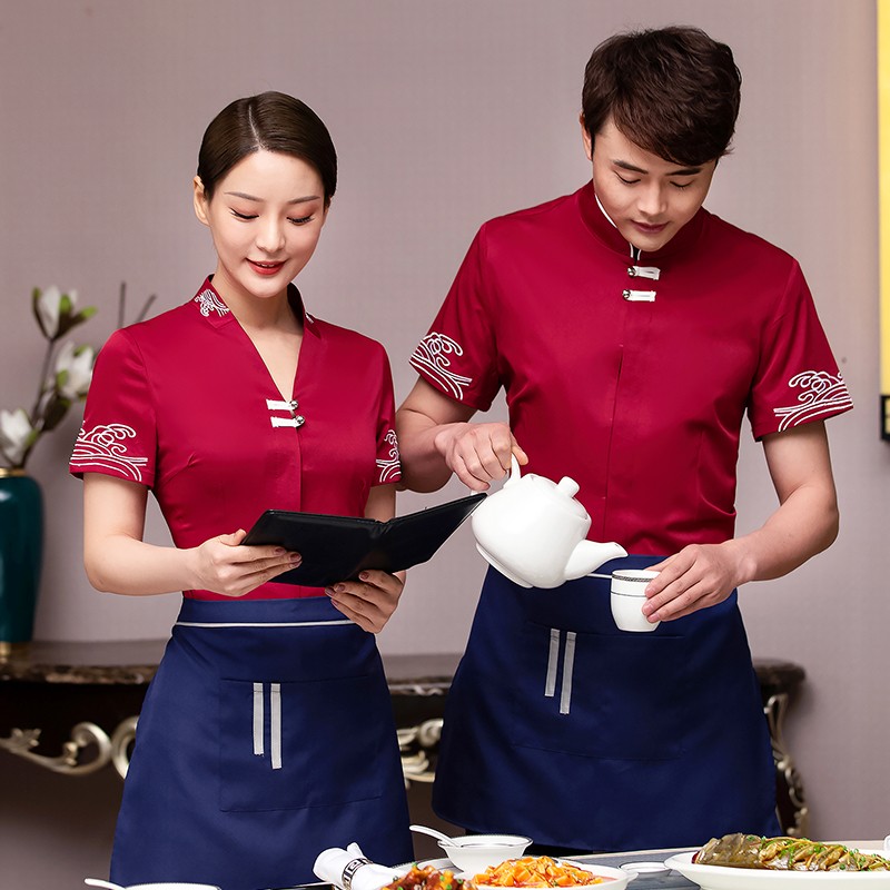 新款时尚中餐厅服务员工作服夏装女酒店前厅员工服装夏季火锅饭店农家