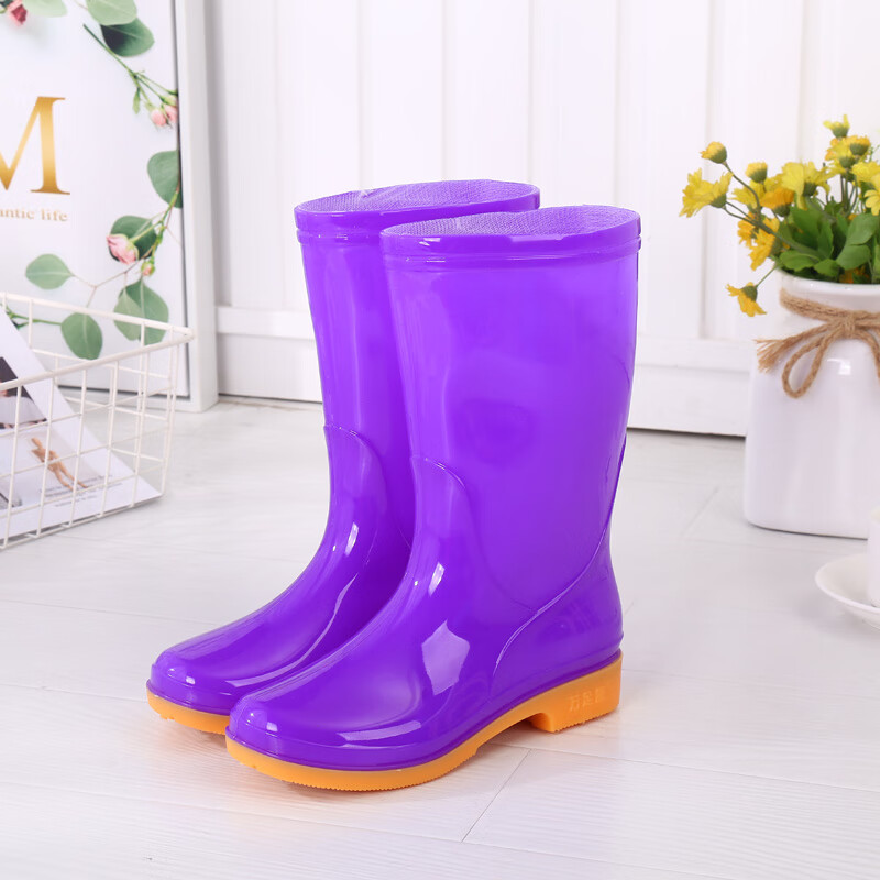 si)时尚雨鞋女士防滑保暖雨靴女式水鞋中筒胶鞋加棉水靴 308中筒紫色