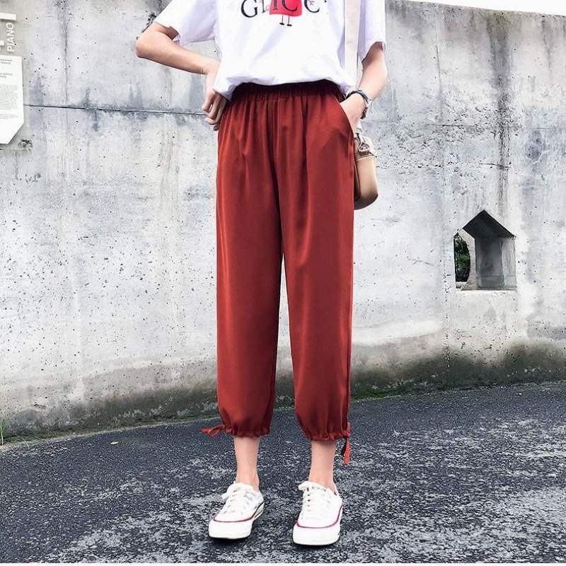 夏季哈伦裤束脚工装裤女九分裤宽松休闲裤韩版学生小脚裤子 砖红色 s