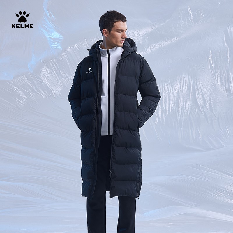 卡尔美（KELME）长款棉服男秋冬季户外运动加厚棉衣足球冬训保暖连帽外套 黑色 XL