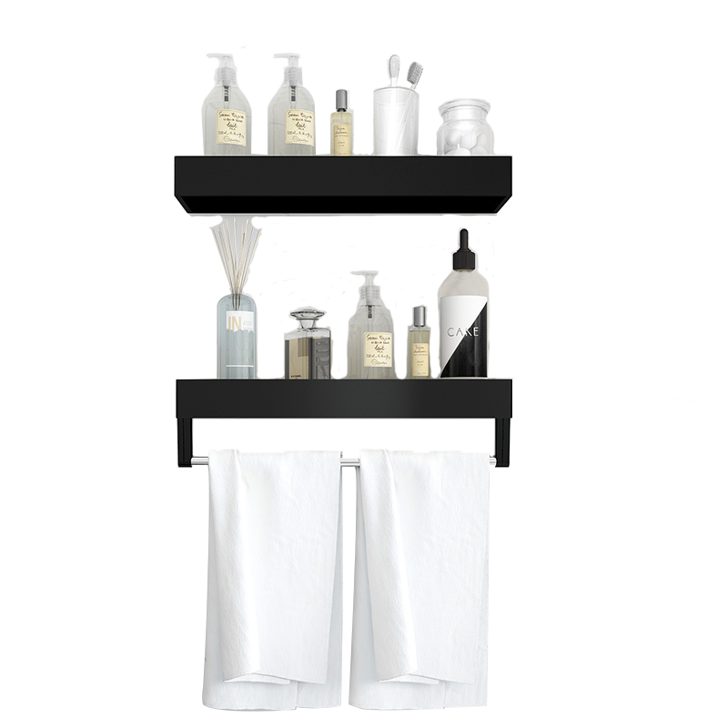 含雅 北欧风浴室免打孔置物架收纳洗手间洗漱台卫生间壁挂式毛巾归纳粘贴带杆壁挂式墙上 【铝合金】简约黑80cm 双层2 加厚