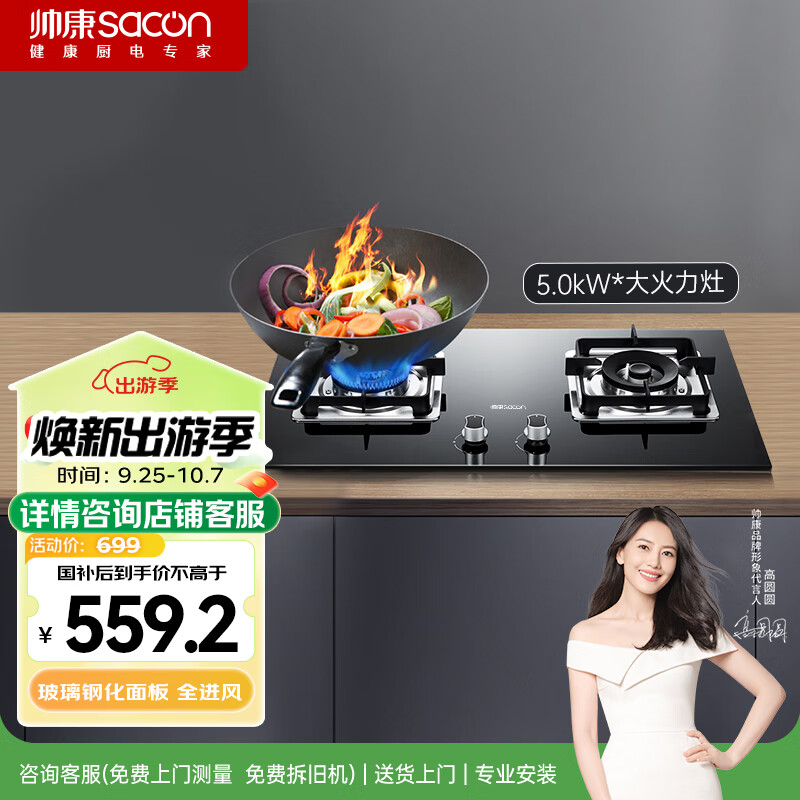 帅康（Sacon）燃气灶 5.0kW大火力猛火灶 煤气灶双灶双眼灶 家用嵌入式台式两用灶具 天然气灶JZT-E5-61B