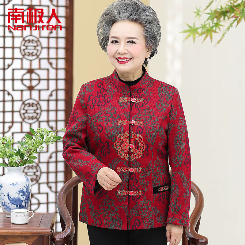南极人奶奶秋冬唐装外套加绒老太太妈妈毛呢上衣服加厚老年人冬装套装女 红色不加绒春秋上衣 L 建议70-90斤怎么看?
