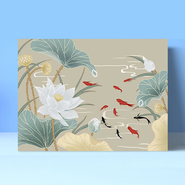 数字油画中国风艺术感填色定制手绘工高级小尺寸风景油彩画 荷花与鱼