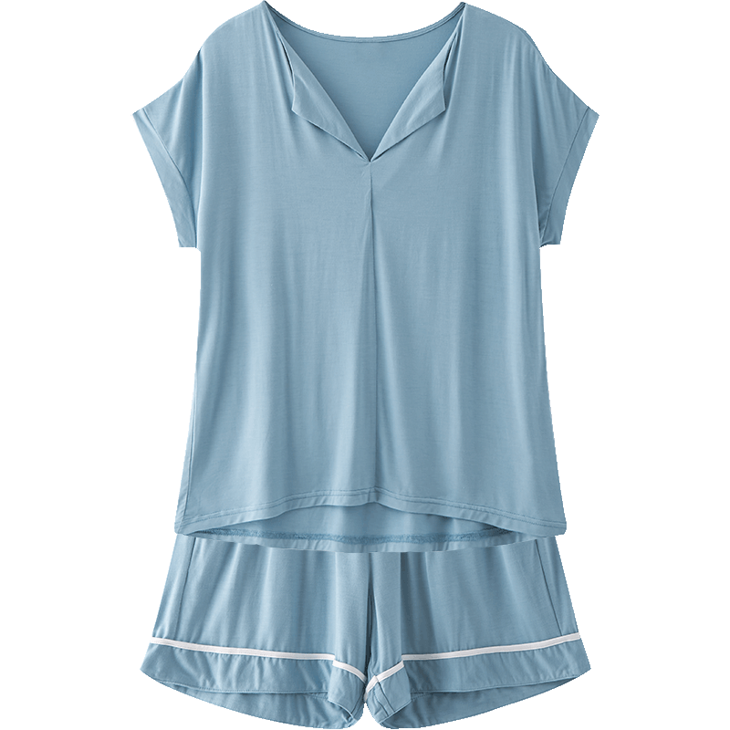 都市丽人春季新品睡衣女简约纯色丝滑亲肤短袖裤家居服套装 淡蓝灰 L (大码)