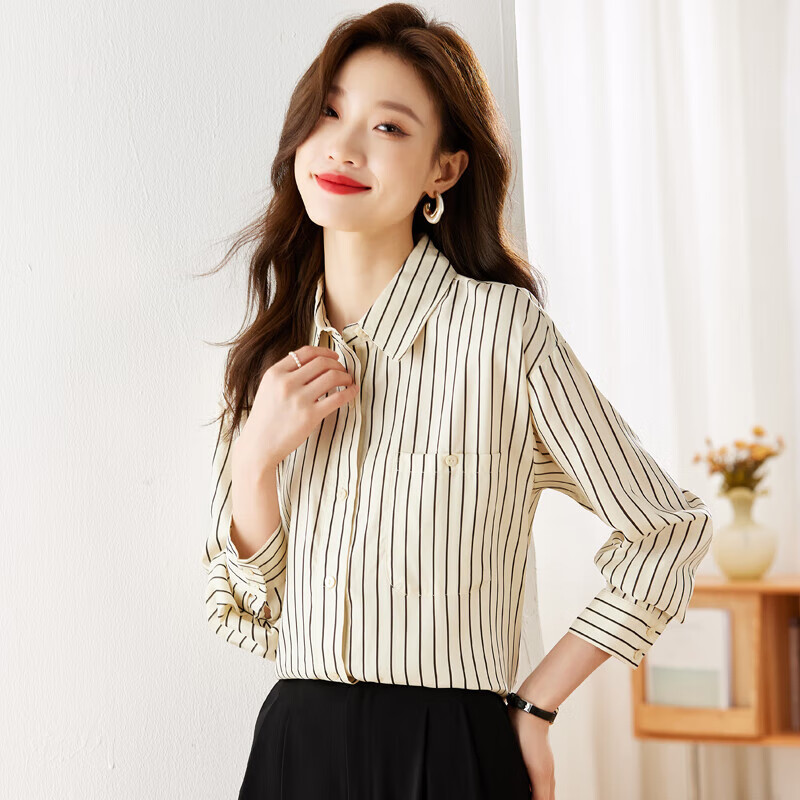 konggirabbit轻奢高端条纹长袖衬衫女春季新款印花翻领落肩休闲宽松薄