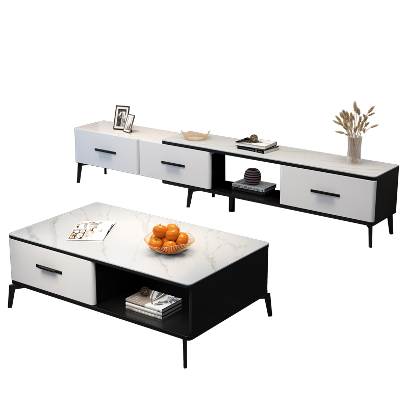 梵爱现代简约客厅岩板台面茶几可伸缩电视柜组合客厅整装家具 1.4米茶几 雪山白
