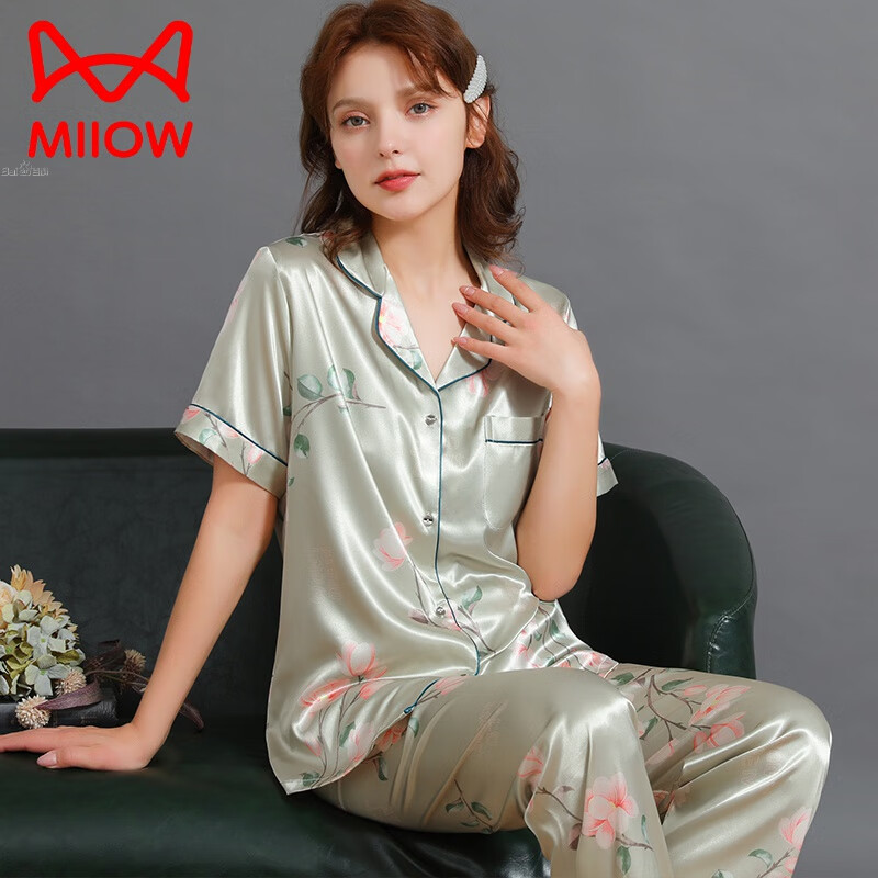猫人(miiow)高端真丝睡衣女夏季短袖长裤品牌套装夏天薄款开衫桑蚕丝