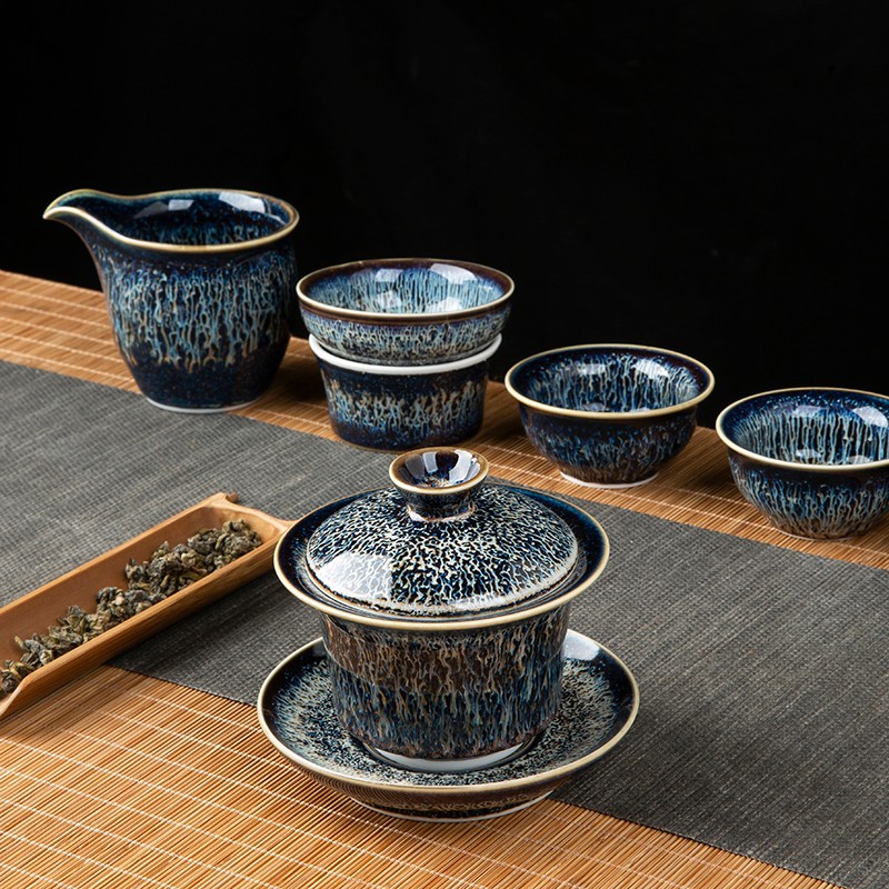 鋆钰景德镇陶瓷茶具套装曜变天目釉礼品盖碗套组茶漏盖置 盖碗十件套 6人饮 10件 色釉