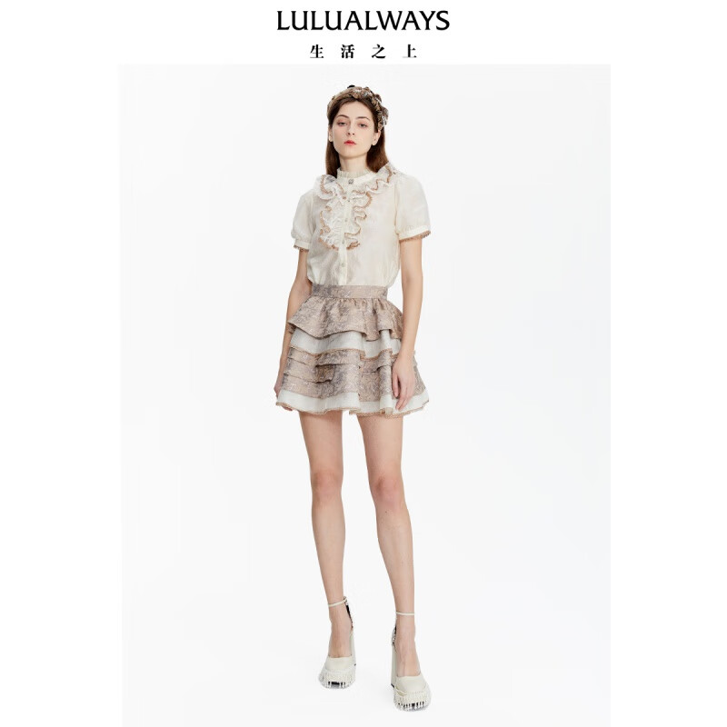 LULUALWAYS夏季新款时尚甜美可爱风多层设计A字短款半身裙 咖啡色 L