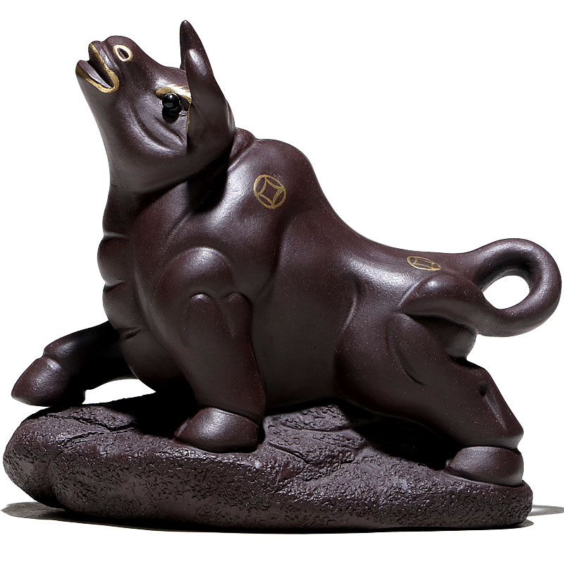 仙袋 宜兴原矿紫砂茶道茶玩全手工摆件茶宠 紫泥描金牛气冲天 描金牛