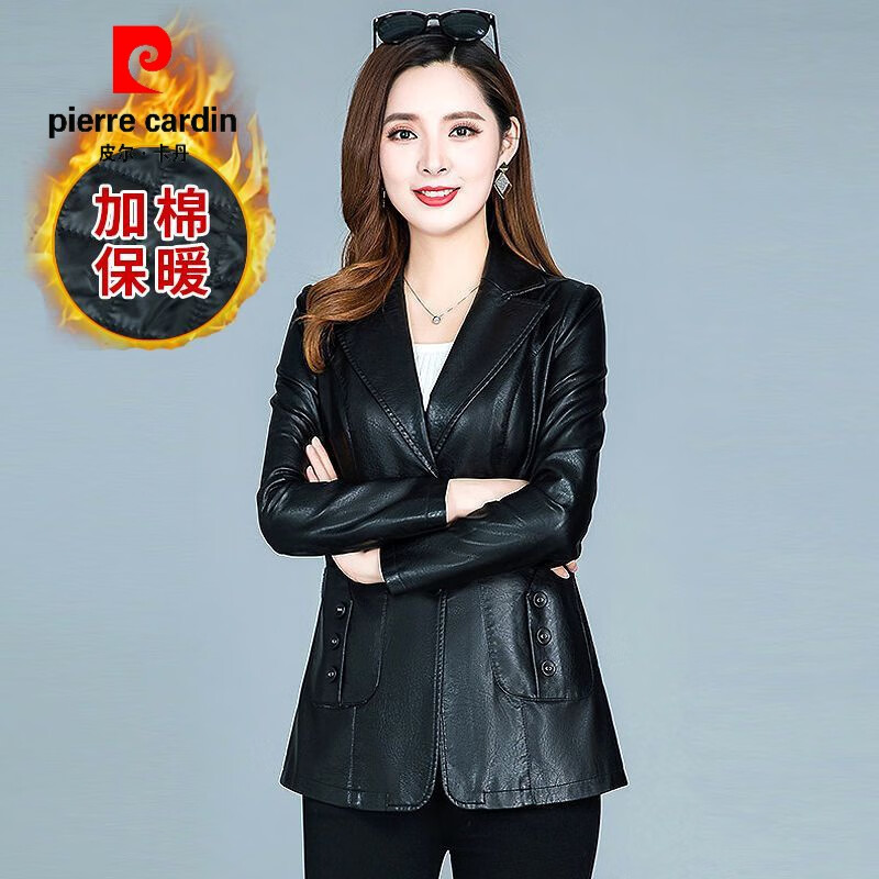 皮尔卡丹（pierre cardin）皮衣外套女2023春秋新款洋气修身显瘦女士皮夹克西装领皮衣女短款 黑色加棉 不脱皮2103 图片色 2XL 建议【105-115斤】怎么看?