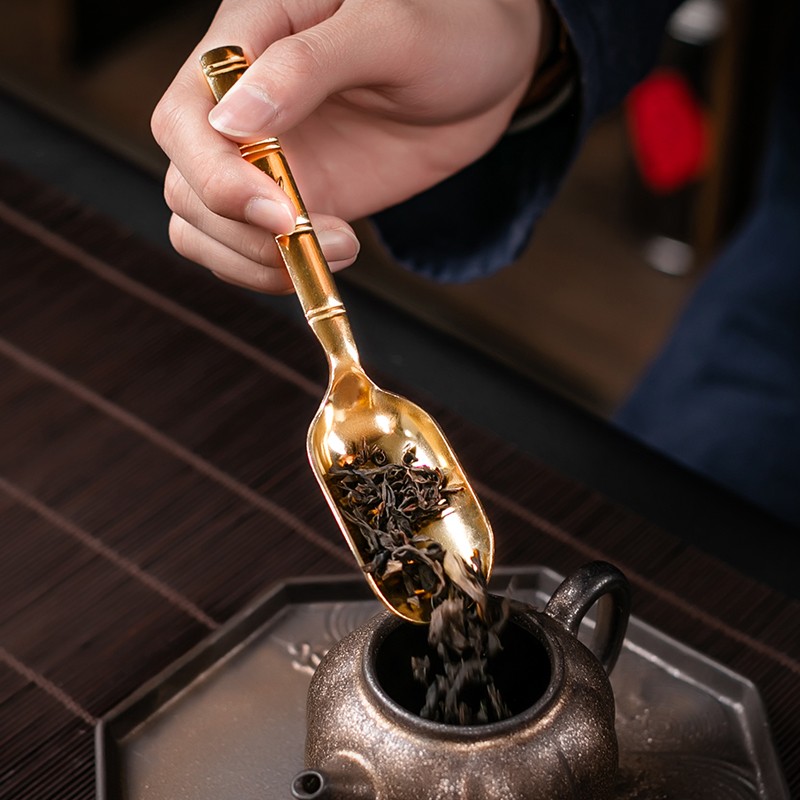 京峰阁 茶道六君子茶具套装家用茶道配件全黄铜功夫茶勺茶针茶盘摆件 全铜茶道六君子