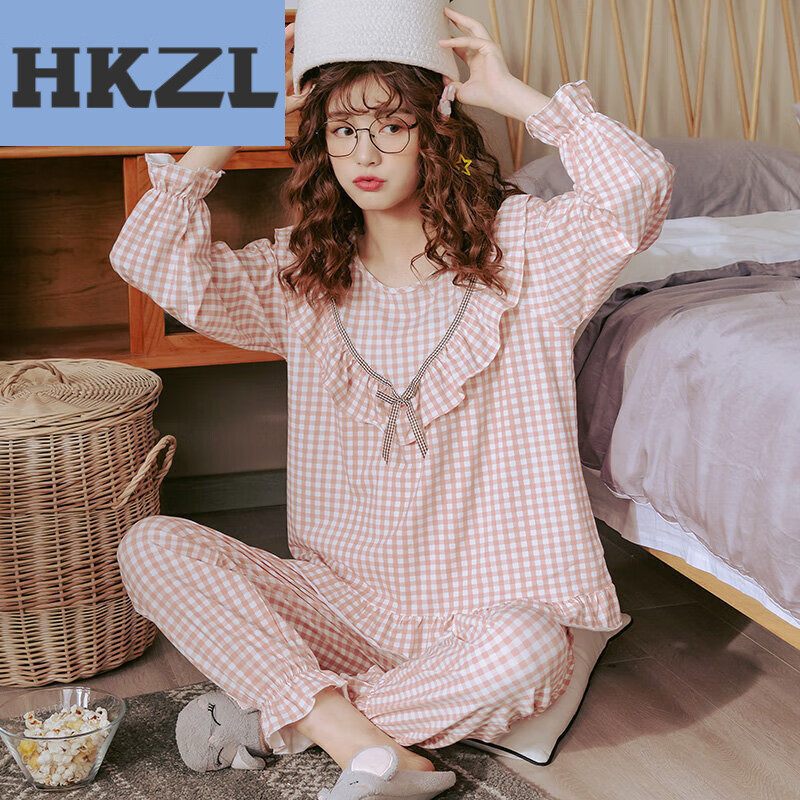 hkzl睡衣女春夏季长袖棉少女甜美可爱公主风女生格子家居服套装冬 r