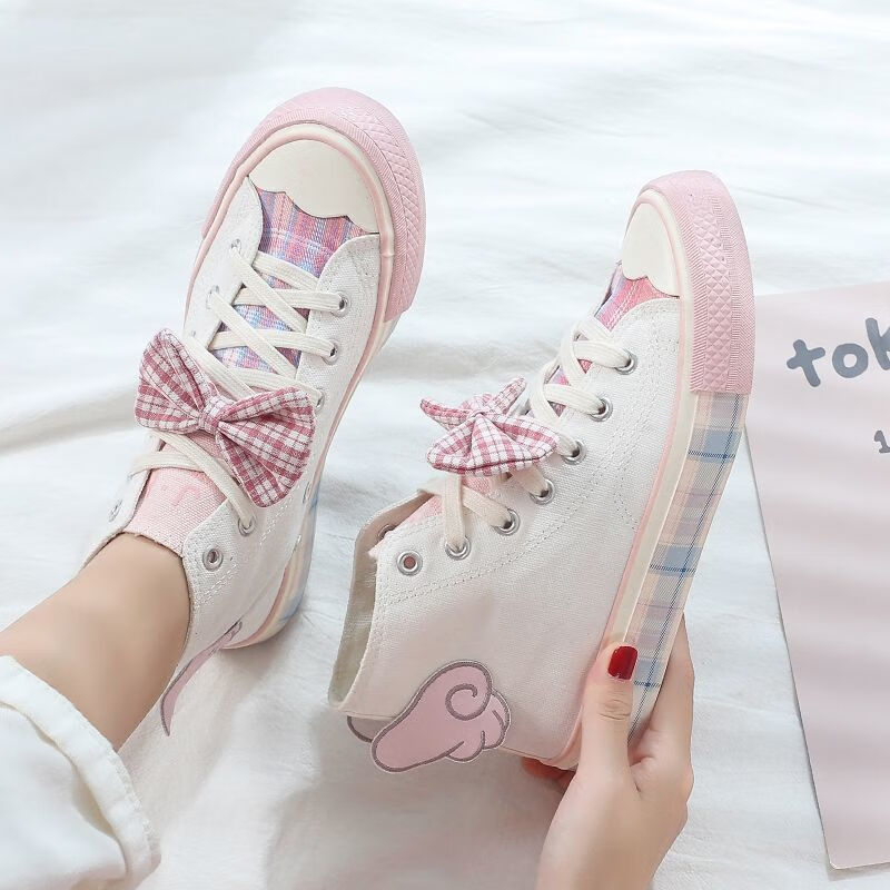 围画蛮高帮格格屋jk帆布鞋女学生韩版百搭ins学院风蝴蝶蛮板鞋 格子粉