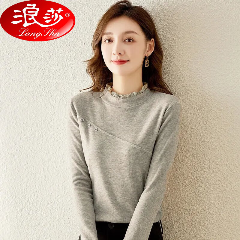 浪莎中半高領(lǐng)雙面德絨打底衫女士秋冬季內(nèi)搭加絨加厚時髦時尚洋氣蕾絲 燕麥色 XL